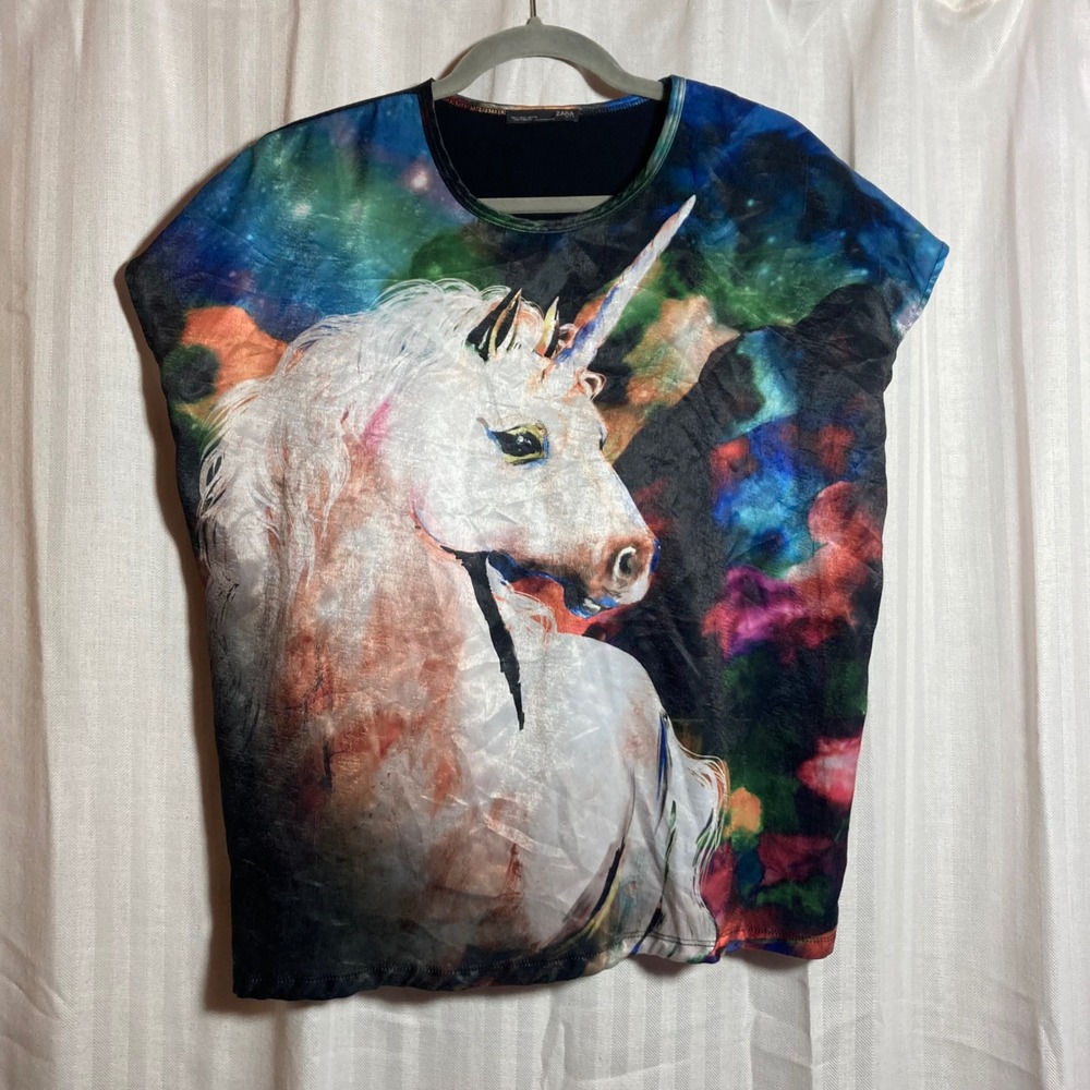 Cosmic Whimsical Zara Unicorn Galaxy Graphic Top Multi Color Short Sleeve L